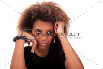beautiful black  woman, with a sad look, isolated on white background