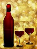 Red Wine Bottle and Two Glasses  with Blurred Background Illustr