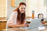 Woman booking flight online in the kitchen