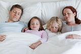 Adorable family sleeping in the bed together