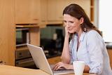 Woman in the kitchen looking at her laptop