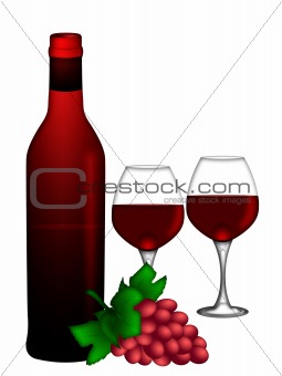Red Wine Bottle and Two Glasses and Bunch of Grapes