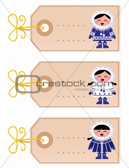 Christmas blank tags with eskimo kids isolated on white