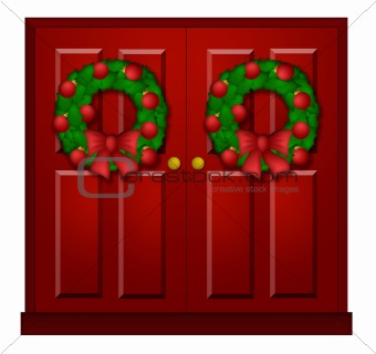Red Door with Christmas Wreath Illustration