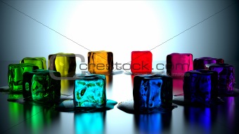 12 melting colored ice cubes in circle