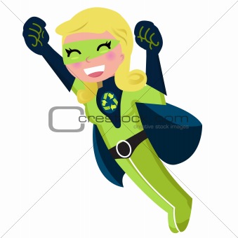 Cute green recycle superhero isolated on white