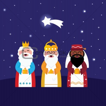 Three wise men bringing gifts to Christ ( night scene )