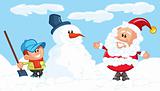 Cartoon of Santa, a snowman and a little boy