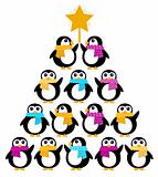 Cute Penguins creating Christmas Tree isolated on white