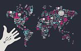 Usb hand reaches a social media world map