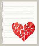 Broken paper heart on notebook page with empty space for text