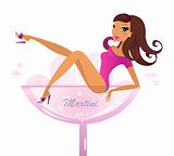 Beautiful retro girl in pink Martini glass isolated on white