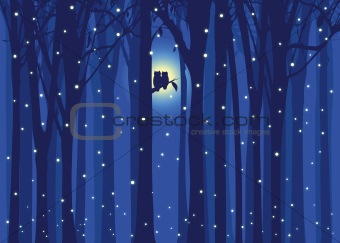 Winter illustration love owl in snowing forest