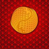 Chinese Pair of Fish in Yin Yang Circle on Red Background