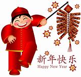 Chinese Boy Holding Firecrackers Text Wishing Happy New Year