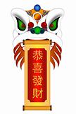 Chinese Lion Dance Head with Happy New Year Scroll Illustration
