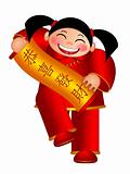 Chinese Girl Holding Scroll with Text Wishing Happiness and Fort