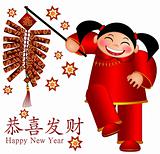 Chinese Girl Holding Firecrackers with Text Wishing Happiness an