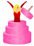 Sexy Blonde Woman Jumping Out of Birthday Cake Illustration