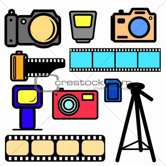 vector set of cameras and accessories.