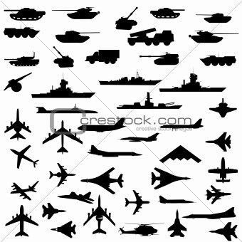 Vector set of aircraft, armored ships and guns.