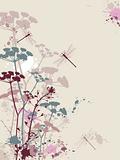 Grunge background with flowers and dragonfly