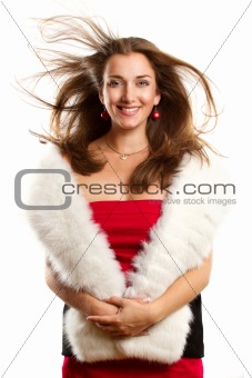 Woman In Red Dress With Furs