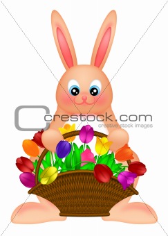 Happy Easter Bunny Rabbit  with Colorful Tulips Basket Illustrat