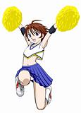 Cheerleader in blue skirt with yellow pom-poms