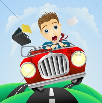 Young businessman driving fast classic car