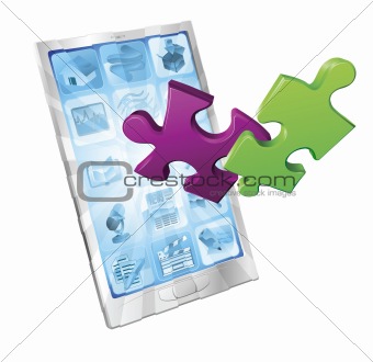 Jigsaw puzzle pieces flying out of phone