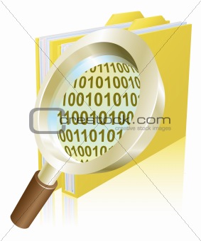 Magnifying glass binary data file folder concept