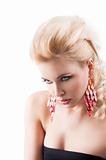 red earring on cute blond girl, bent head and actractive express
