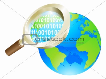 Magnifying glass binary data world globe concept