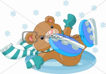 Cute bear fell to the ice rink