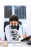 Researcher using microscope in medical laboratory

