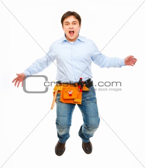 Shouting construction worker jumping
