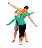 Healthy young female and man in sportswear having fun isolated on white
