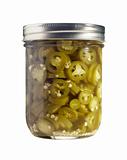 Sliced Jalapenos (Capsicum Annuum) in a Glass Jar Isolated on a White Background