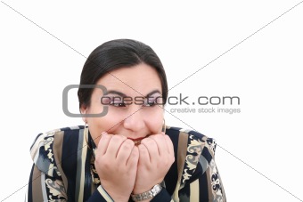 Head shot of worried woman over white background 