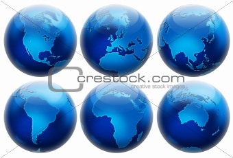 Six different positions globes isolated on white