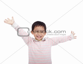 happy asian boy raising hand