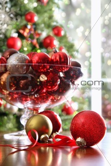 Red Christmas balls on table