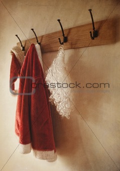 Santa costume hanging on coat rack