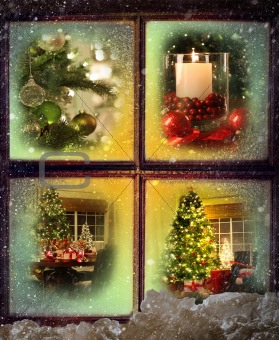 Vignettes of Christmas scenes seen through a wooden window 
