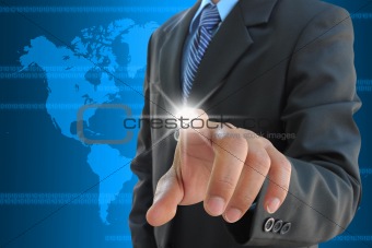 businessman hand pushing a touch screen interface
