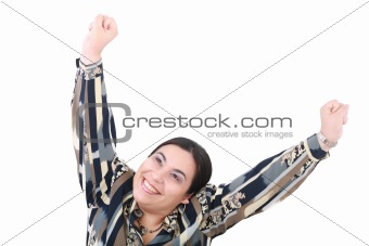 happy attractive young girl with her hands up 