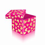 Pink open gift box with gold hearts