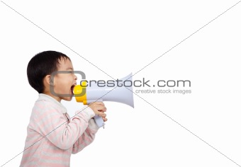 asian kid shouts something into the megaphone