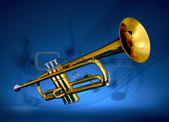 Brass trumpet with musical backdrop
